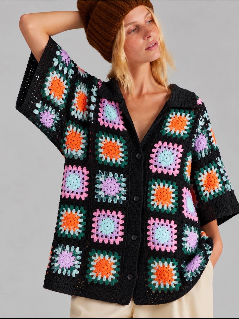 BOUTIQUE HIPPEE HARVEST, GRANNY SQUARE BUTTON FRONT SHIRT